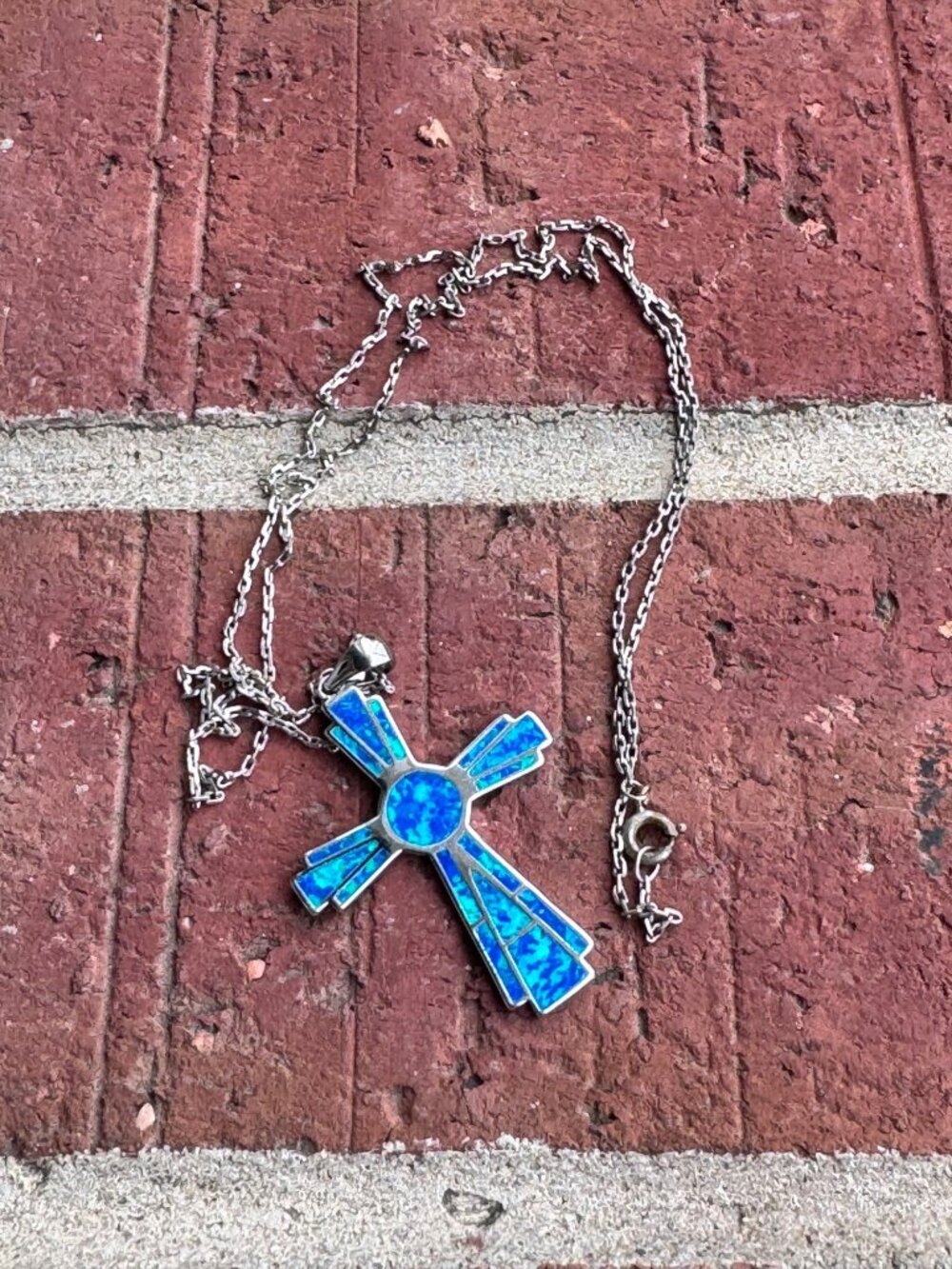 Sterling Silver Blue Opal Inlay Cross Pendant Necklace 23” Chain 7.3g 2” - Picture 1 of 8
